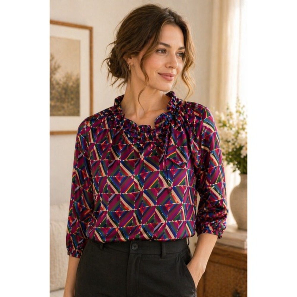 Never A Wallflower Silk Blend Tunic Top‎ L Geometric Ruffle Tie Neck Blouse